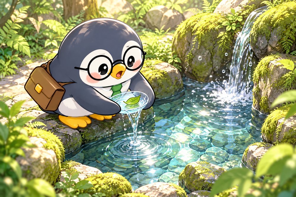 朝の森の湧き水の泉で水をすくって感心するペンギンのナビ助