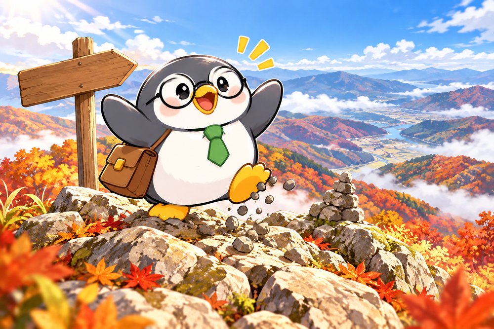 秋の峠のてっぺんで両手を上げて喜ぶペンギンのナビ助
