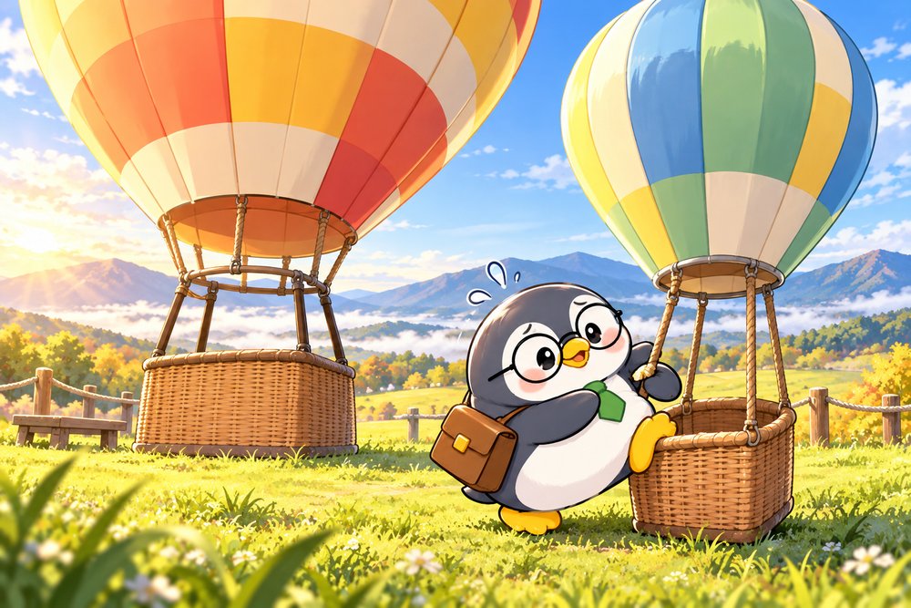 朝の熱気球の乗り場でおなかがつかえて困るペンギンのナビ助