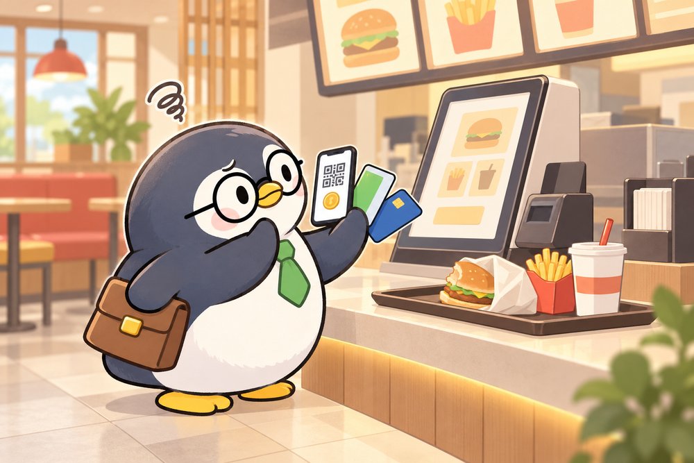 ファストフード店でどの支払い方法にするか迷うナビ助