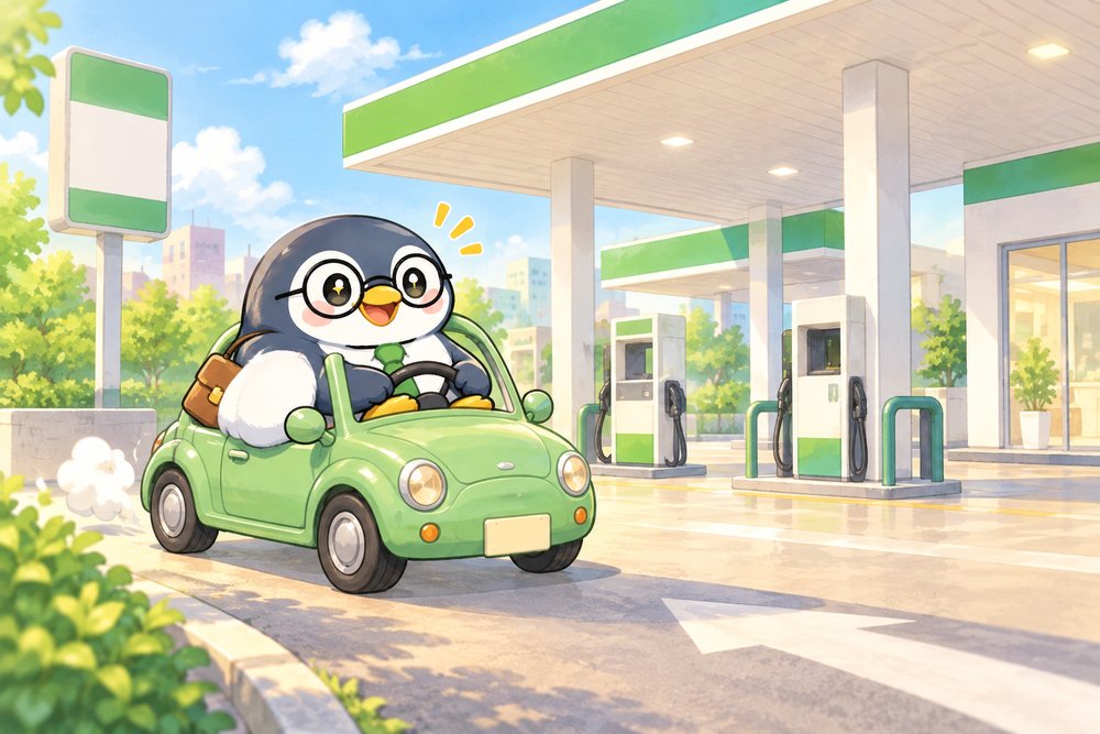 小さな車でガソリンスタンドに入っていくペンギンのナビ助