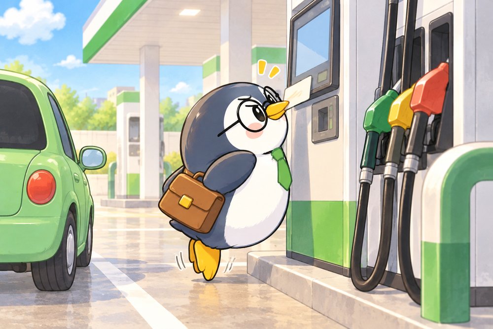 給油機の画面にポイントカードをかざそうと背伸びするペンギンのナビ助