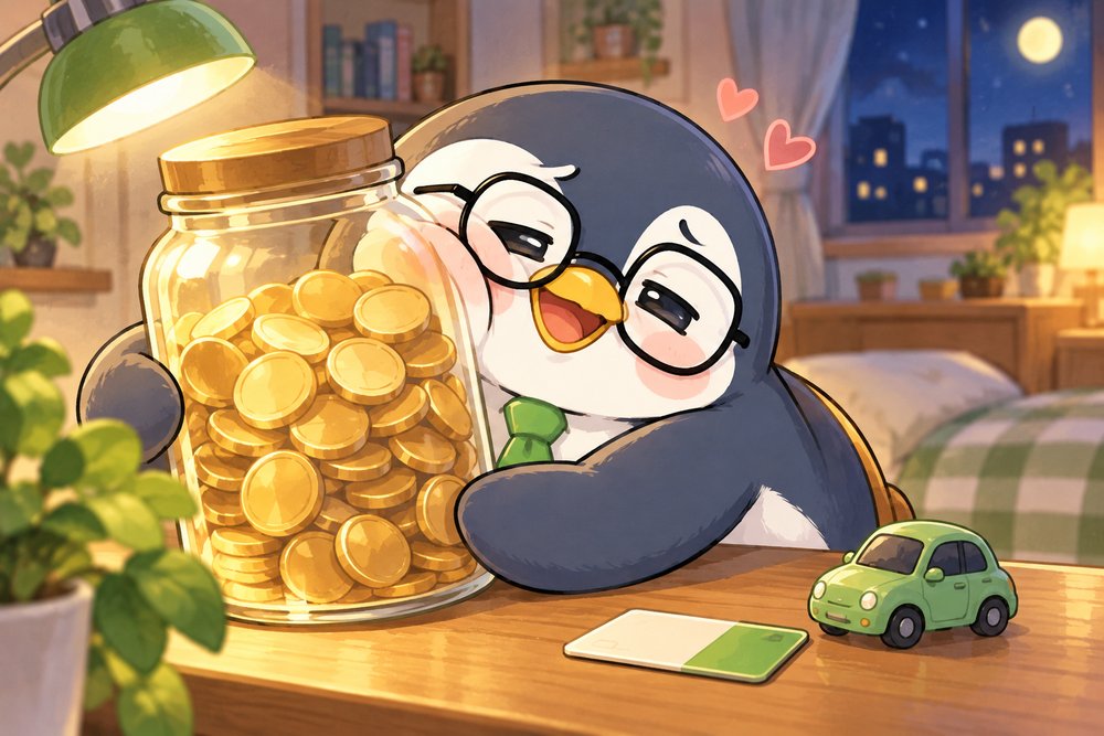 コインがたまったびんを抱きしめてうっとりするペンギンのナビ助