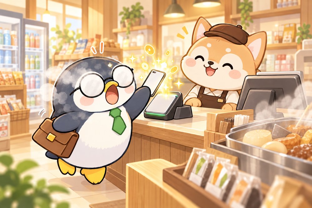コンビニのレジでスマホ決済してポイントに驚くペンギンのナビ助