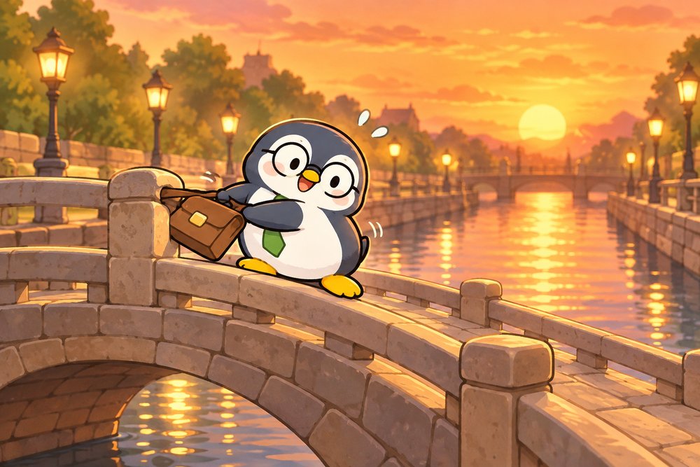 夕暮れの運河の石橋でカバンが欄干に引っかかるペンギンのナビ助