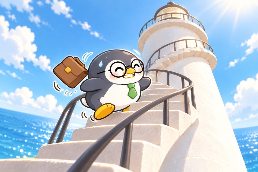 昼の灯台のらせん階段を駆けのぼるペンギンのナビ助