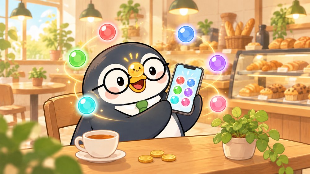 6つのポイント玉が舞うスマホを見つめるペンギンのナビ助