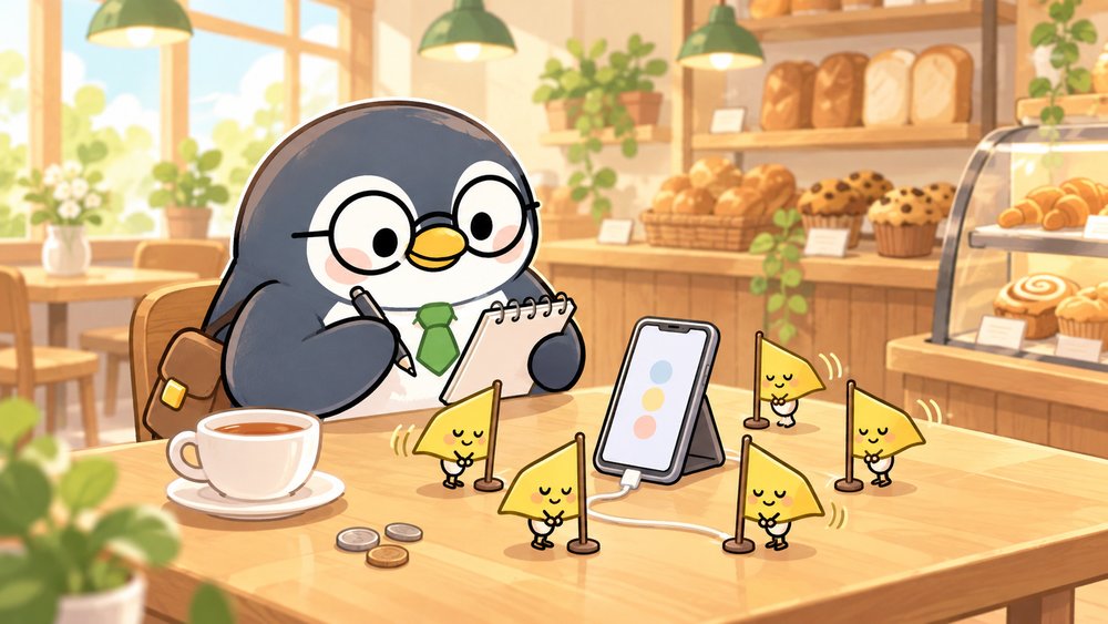 5つの注意の旗をていねいにメモするペンギンのナビ助