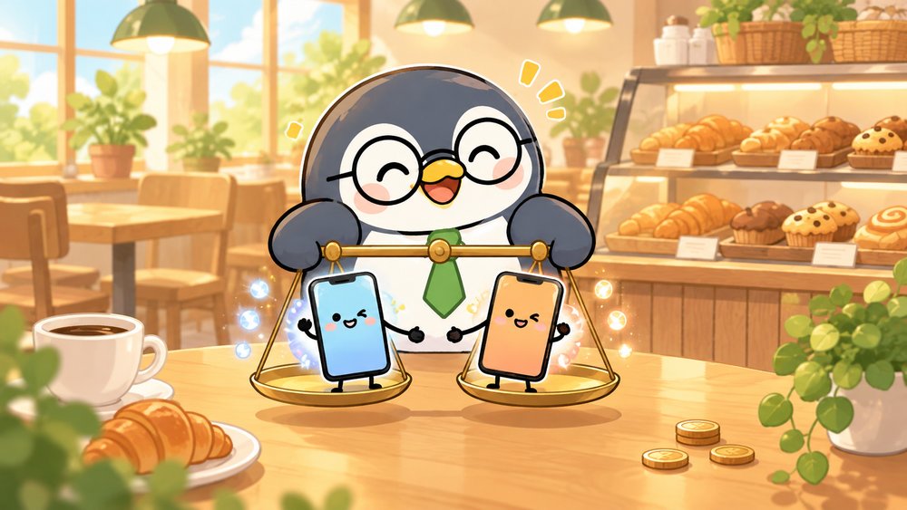 てんびんで2つの決済アプリを見比べるペンギンのナビ助