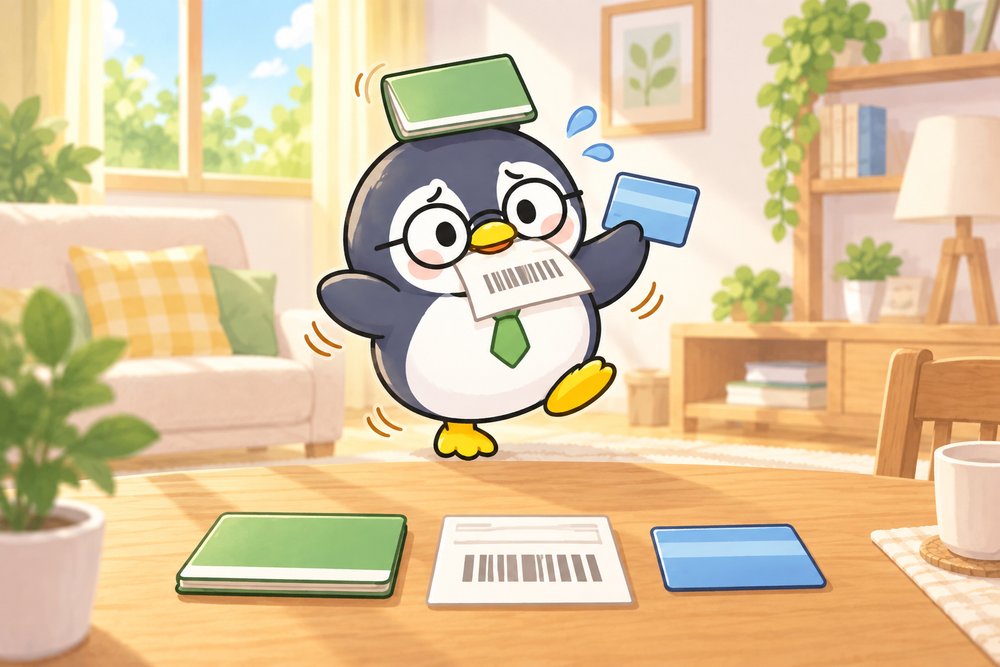 通帳とカードと払込用紙を同時に持って迷うペンギンのナビ助