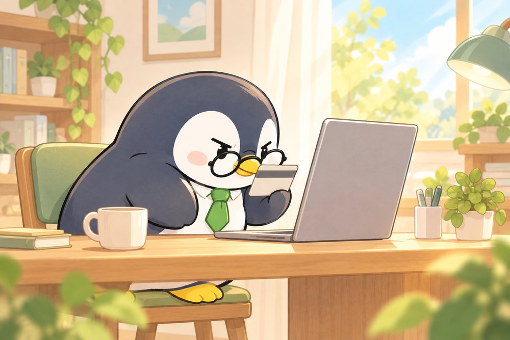 メガネをずり落としてカードを見つめるペンギンのナビ助