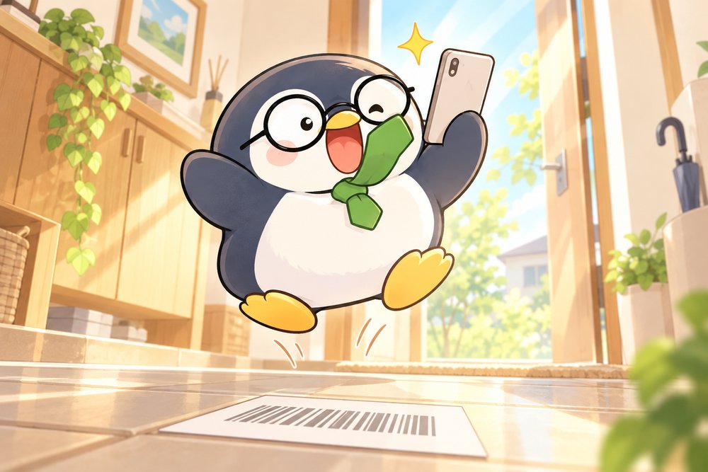 スマホで支払えて大喜びでジャンプするペンギンのナビ助