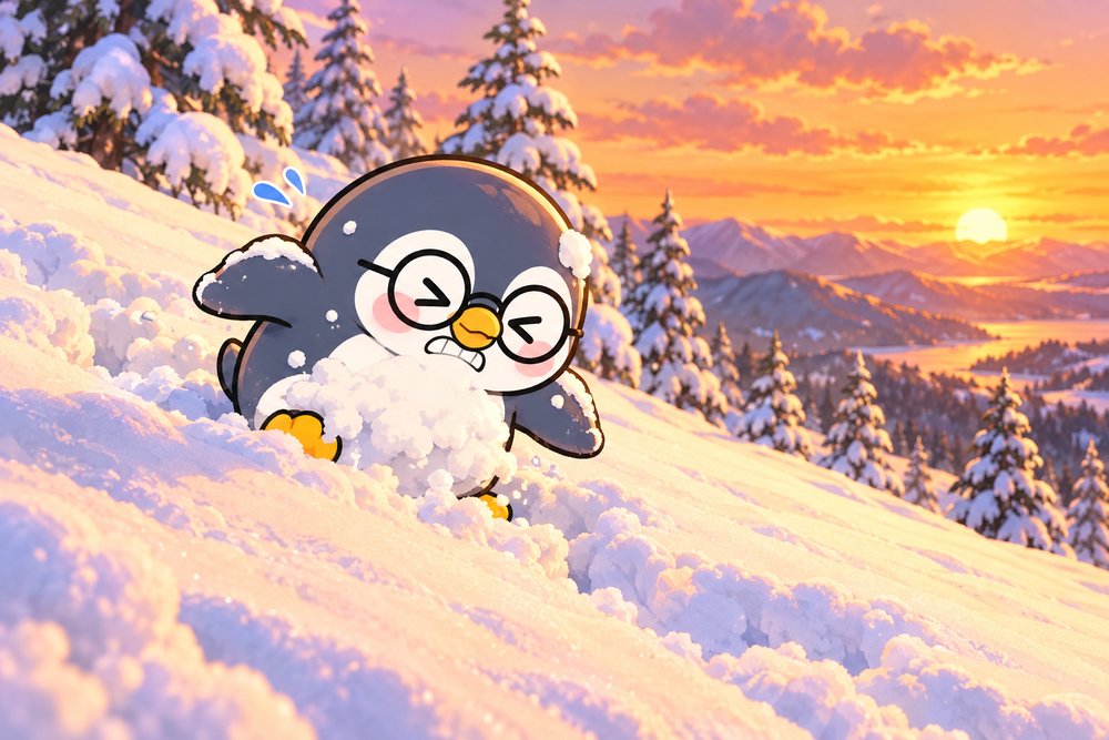 夕方の雪の坂道で深い雪に足を取られるペンギンのナビ助