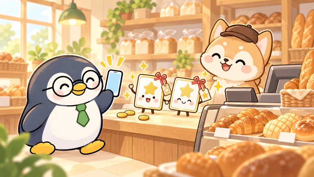 スマホを見せて特別な日のカードを紹介するペンギンのナビ助