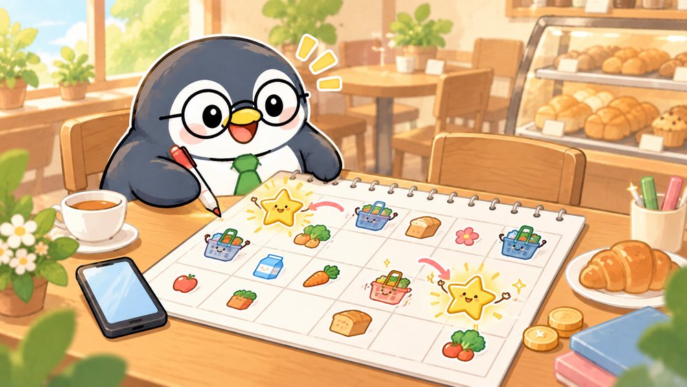 月のカレンダーに買い物の計画を書き込むペンギンのナビ助