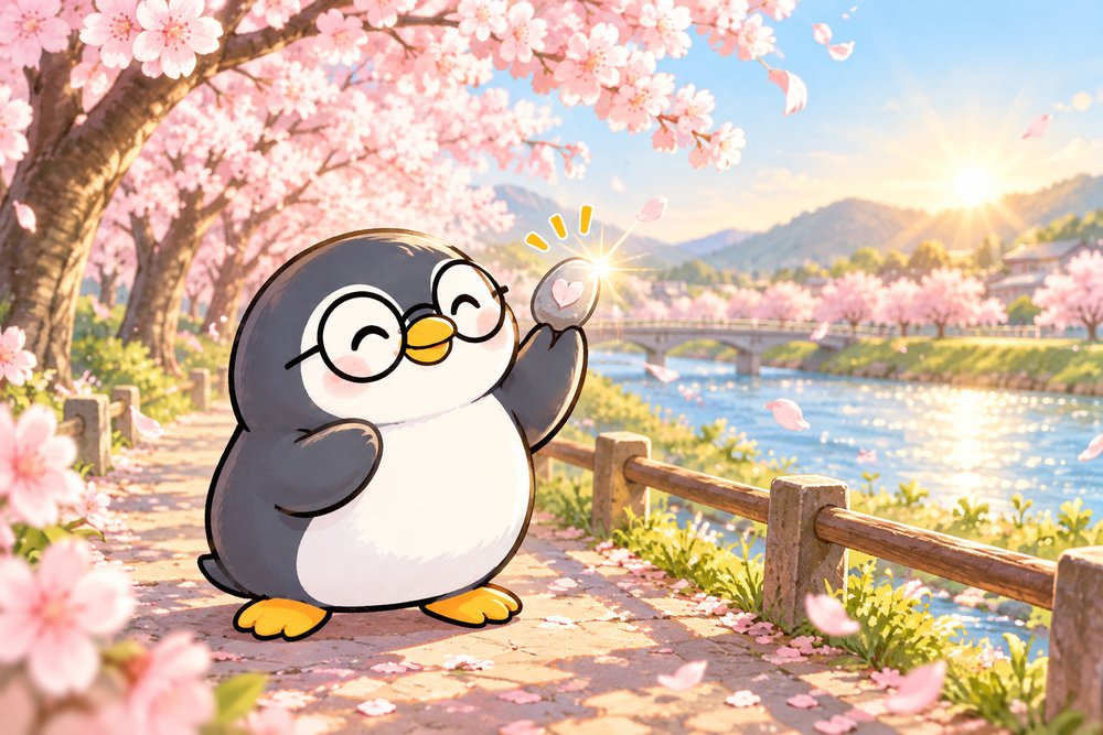 桜並木の朝日に小さな丸い石をかざして満足そうに見つめるペンギンのナビ助