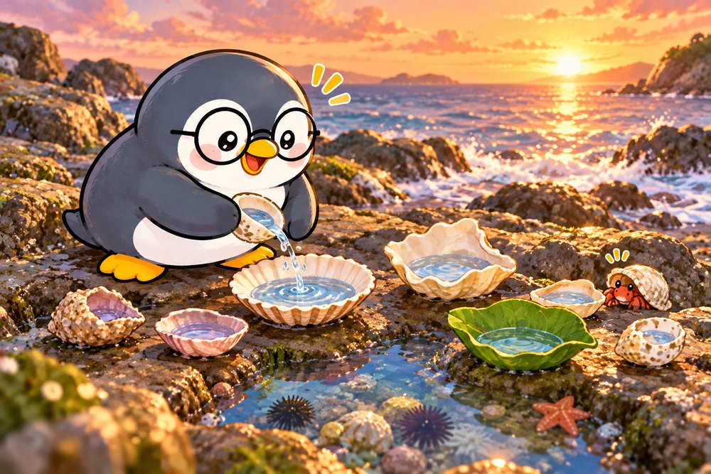 夕焼けの潮だまりで貝がらや葉っぱの器に水をくんで入れ方を見くらべるペンギンのナビ助