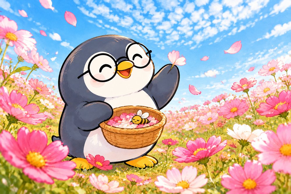 コスモス畑で舞う花びらをかごにこつこつ集めるペンギンのナビ助